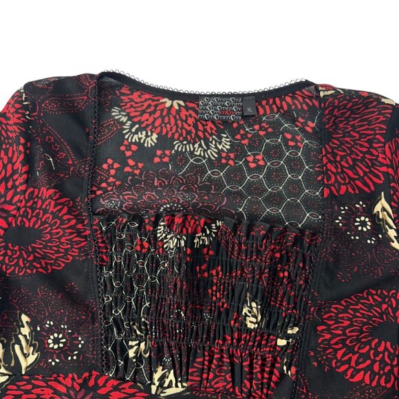 MCM Y2K Vintage Women Black & Red Floral Goth Top SZ XL Bell Asymmetric Sleeve - Picture 10 of 16